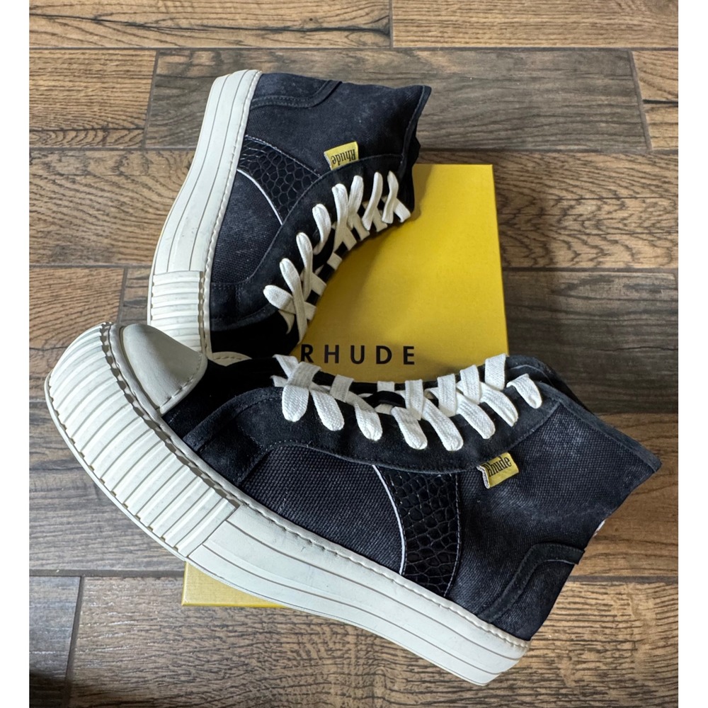 Rhude Bel Airs‎ High Top Canvas Sneakers Black White Crocodile Detail Men's 8